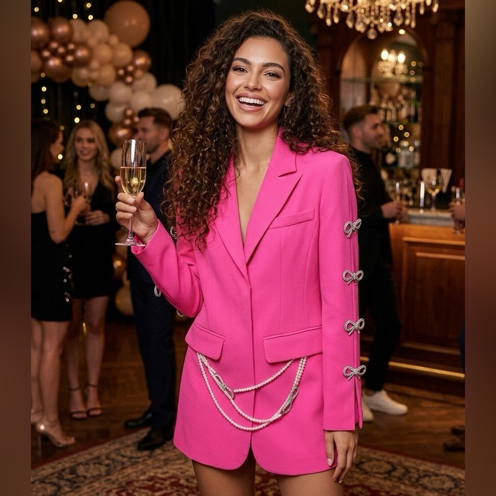Hot Pink Blazer Dress with Rhinestone Bow and Pearl Chain Details